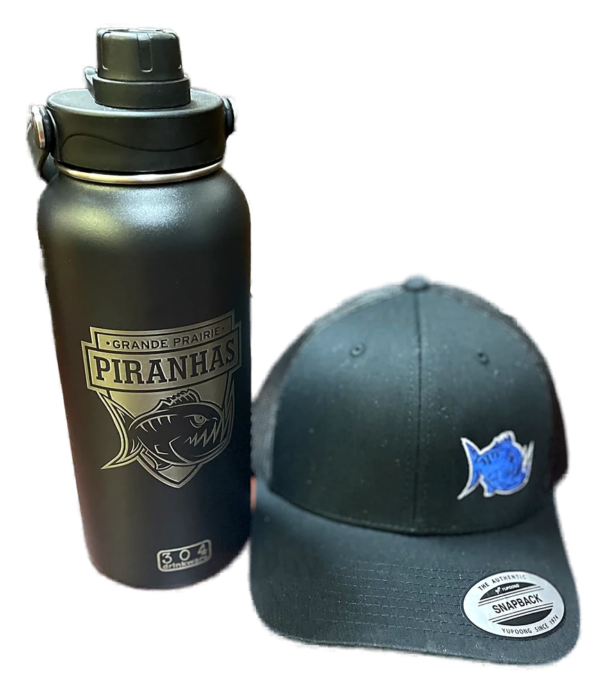 Engraved Grande Prairie Piranhas water bottle beside an embroidered piranha snapback