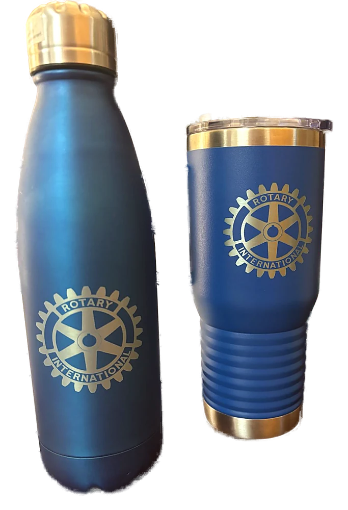 Blue stainless bottle and travel mug laser engraved with the Rotary International logo