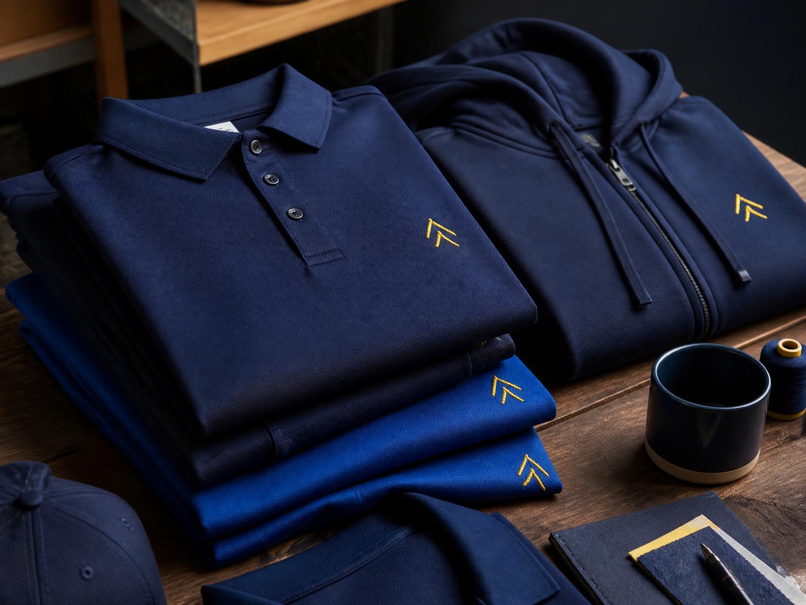 Stack of embroidered navy blue and royal blue branded polos and hoodies on a workshop table