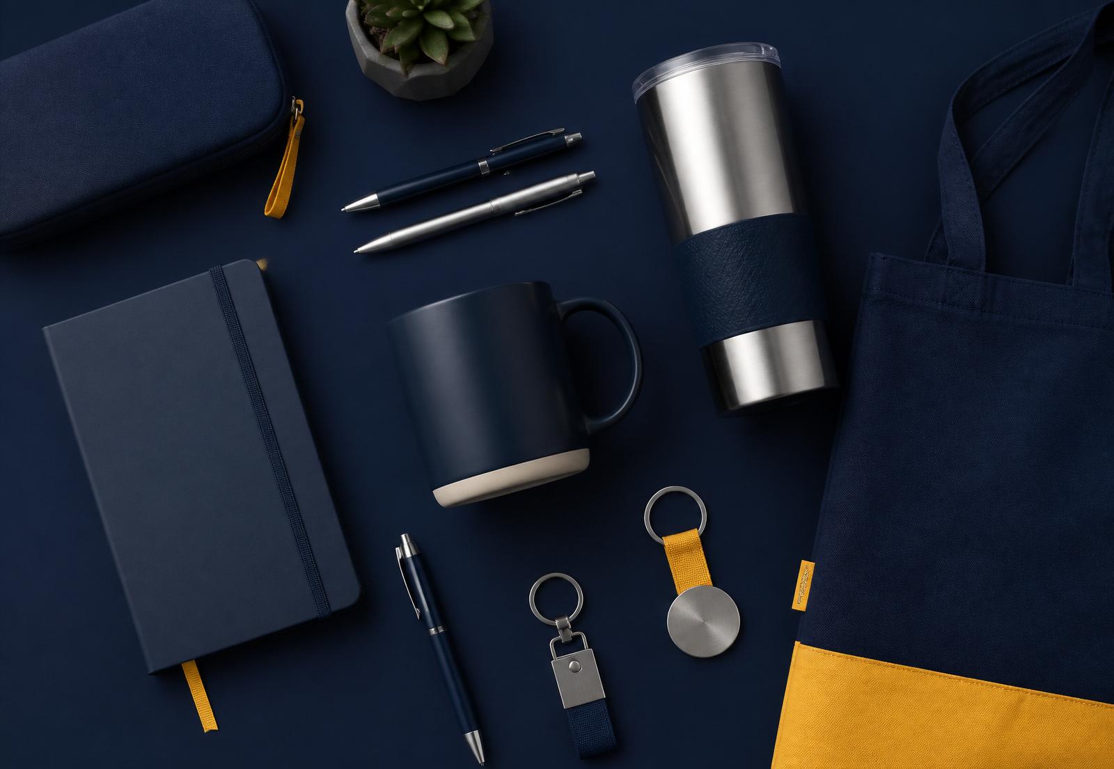 Overhead flat lay of branded promotional products, matte navy mug, steel tumbler, pens, keychains and cotton tote