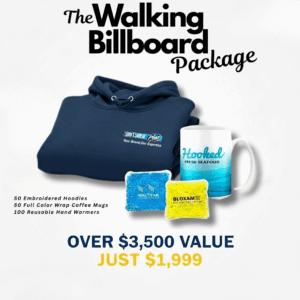 Custom embroidered light blue fleece hoodie with logo placement on left chest – promotional apparel Alberta